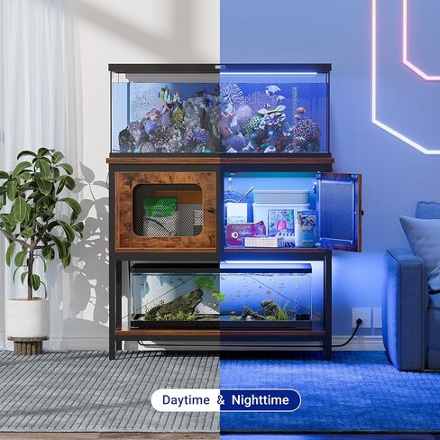 40-50 Gallon Fish Tank Stand with LED Light and Outlet, Heavy Duty Metal Aquarium Stand with Cabinet and Accessories Storage, Reptile Tank Turtle Terrariums Table Stand Hold 880LBS, Grey Oak in Saudi Arabia