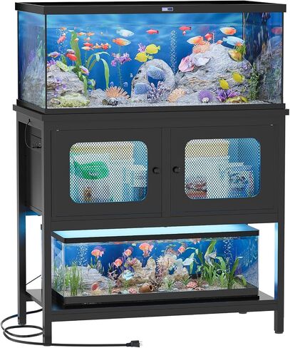 40-50 Gallon Fish Tank Stand with LED Light and Outlet, Heavy Duty Metal Aquarium Stand with Cabinet and Accessories Storage, Reptile Tank Turtle Terrariums Table Stand Hold 880LBS, Grey Oak in Saudi Arabia