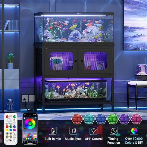 40-50 Gallon Fish Tank Stand with LED Light and Outlet, Heavy Duty Metal Aquarium Stand with Cabinet and Accessories Storage, Reptile Tank Turtle Terrariums Table Stand Hold 880LBS, Grey Oak in Saudi Arabia