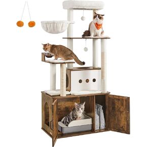Feandrea Cat Tree, 66.9-Inch Cat Tower with Litter Box Enclosure, Large Cat Condo with Food Station, Storage, Scratching Posts, Cat Cave, Hammock, Washable Cushions, Heather Greige UPCT169K02