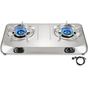 2 Burner Propane Stove Two burner, Portable Stainless Steel Auto Ignition Gas Cooktop, Included Gas Pressure Regulator, Suitable for Outdoor/Camping(Silver)