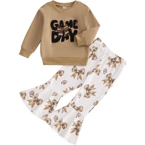 Toddler Baby Girl Football Outfit Game Day Sweatshirt Tops Football Print Flared Pants Set Fall Winter Clothes