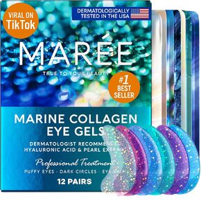 Maree Eye Gel Pads - Reduce Wrinkles, Puffy Eyes, Dark Circles, Eye Bags - Natural Marine Collagen Eye Gels with Hyaluronic HA - Anti Aging Eye Mask Patches & Face Moisturizer