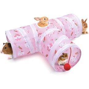 Bissap Rabbit Tunnel, 9.8'' Collapsible Bunny Tunnel and Tube 3 Ways Pet Hideout with 1 Play Ball for Indoor Kittens Dwarf Rabbits Bunnies Guinea Pigs Chinchillas Small Animal Activity Fun Toys (Pink)