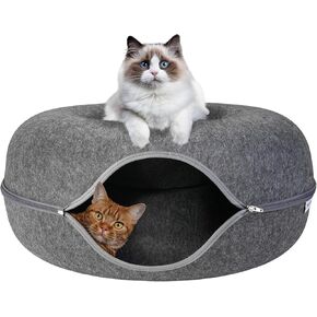 Emory Lane - Premium Cat Cave for Small Pets, Multifunctional Donut Tunnel Bed for Indoor Pets, Round Felt Pet Cave with Premium Zipper, for Pets up to 40 Lbs (24x24x11 Inch) (Dark Gray)