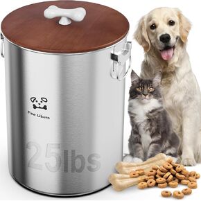 24-25 Lbs Stainless Steel Large Dog Food Storage Container with Airtight Wooden Lid to Keep Fresh, Metal Dog Food Containers with Ceramic Bone Handle, Easy Clean Dog Food Bin, Cat Food Container Jar