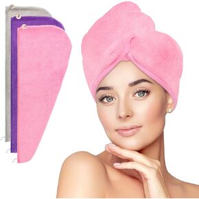 HOMERHYME Hair Drying Towel, 3 Pack Hair Wrap Quick Dry Towels, Highly Absorbent Adjustable Soft Hair Towel Anti Frizz Hair Turban, with 2 Buttons & Elastic Loop for Drying Wet, Curly, Long Hair