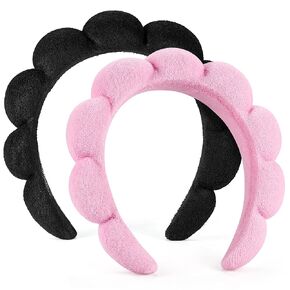 Spa Headbands for Washing Face or Facial, Set of 2 Skincare Headbands, Terry Cloth Headband Pink & Black Face Wash Headband Combo Pack - Puffy Makeup Headbands for Face Washing, Mask, Skin Treatment