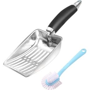 Cat Litter Scoop, Aluminum Alloy Sifter, Kitty Metal Scooper, Deep Shovel, Long Handle, Comfy Poop Sifting, Pooper Lifter, Durable and Heavy Duty for Litter Box (with Cleaning Brush)
