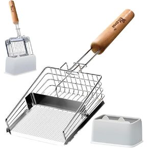 PETZONE Stainless Steel Cat Litter Scoop with Holder- 2-Way Adjustable Sifter - Large Metal Cat Litter Scooper & Heavy Duty - Non-Stick Fast Sifting - Holder Base - Ergonomic Beech Wood Handle