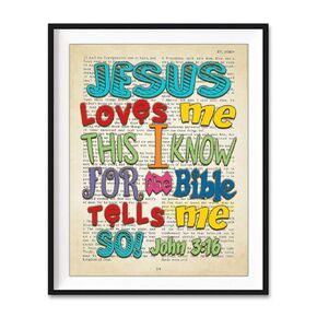 Bible Page, Jesus Loves Me This I Know For the Bible Tells Me So, John 3:16, Vintage Verse Scripture Art Print, Unframed, Christian Children's Nursery Wall Decor Poster Gift, 8x10 Inches