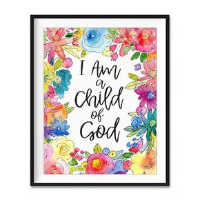 Floral, I Am A Child of God, Galatians 3:26, Christian Art Print, Unframed, Vintage Bible Verse Scripture Wall Decor Poster, Inspirational Gift, 8x10 Inches