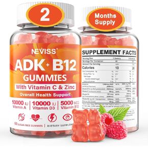 Sugar-Free Vitamin ADK + Vitamin B12 Gummies for Adults - B12 Vitamins 5000mcg 2500mcg, Vitamin A, Vitamin D 10000iu 5000iu, Vitamin D3 K2, C, Zinc for Eye,Bone,Heart,Energy,Mood,Nerve,Immune,120 Days