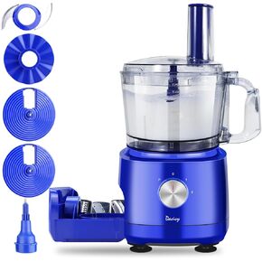 Davivy Food Processor 7 Cup,Built-in Storage Drawer Small Food Processor with 10 set blades,French fry cutting,Wavy slicing for Home Use,3-Speed, Blue,600W