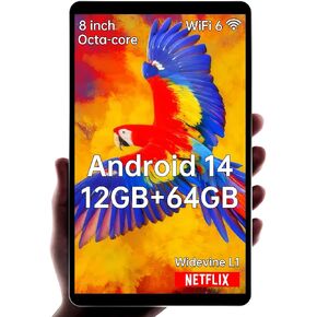 HAOVM M8 Android 14 Tablet 8 inch, 8 core CPU, 12GB+64GB，2TB Expandable, HD IPS Display, Widevine L1,Wi-Fi 6, BT5.4, 5MP+8MP Camera, 5100mAh Large Battery, Tablet for Kids, Black