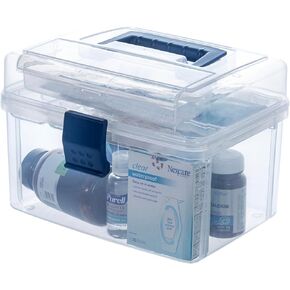 MyGift Premium Clear First Aid Kit Bin with Detachable Tray and Gray Top Handle, Portable Emergency Kit, Medical Supply Travel Tote, Medicine Storage Box Container