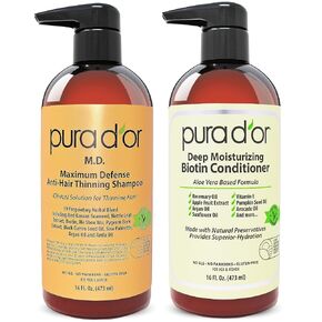 PURA D'OR Anti-Thinning Biotin Shampoo & Conditioner Set,Maximum Defense Coal-Tar DHT Blocker Hair Thickening Products For Women & Men,Daily Routine Shampoo For Scalp Health,Color Safe,16oz x 2