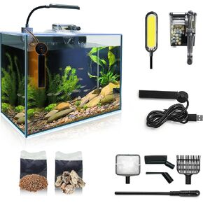 3 Gallon Fish Tank Aquarium Starter Kit, Including Glass Small Fish Bowl, Heater, Self-Cleaning Filter, Light, Rocks, Gravel, Plants, Cleaning Tool Set.Beginner's Gift for Betta, Guppy