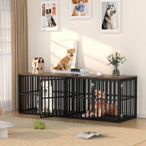 Double Dog Crate Furniture for 2 Dogs, 76" Wooden Dog Kennel Furniture Style with Removable Divider and 4 Doors, XXL Heavy Duty Dog Crate End Table Indoor for Medium Large Breed Dogs, Black