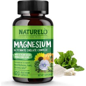 NATURELO Magnesium Glycinate Supplement - 200 mg Glycinate Chelate with Organic Vegetables to Support Sleep, Calm, Muscle Cramp & Stress Relief – Gluten Free, Non GMO - 240 Capsules
