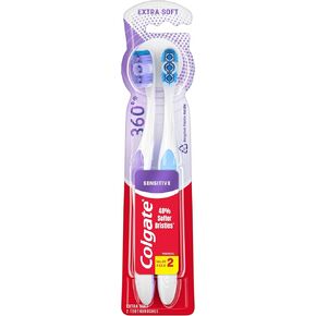 Colgate 360 Extra Soft Toothbrush for Sensitive Teeth and Gums with Tongue and Cheek Cleaner, 2 Pack