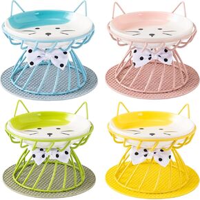 Ceramic Cat Bowls Set of 4, Raised Cat Food Bowl with Stand, Elevated Pet Food Feeding Station for Indoor Cats, Reduce Neck Stress, Whisker Friendly,for Kitten, Cat, Puppies, Dishwasher Safe