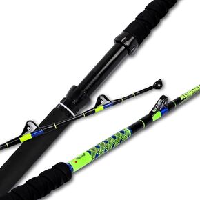 Fiblink Saltwater Fishing Rod 1 Piece/2 Piece Fishing Trolling Rod Deep Sea Big Game Blue/Neon Green Fishing Rod with Roller Guides (5'/6'6",50-80lbs/80-120lbs)
