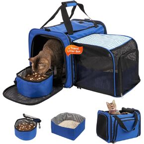 Cat Carrier with Litter Box, Expandable Cat Carrier for Car with Bowl, Cat Carrier with Litter Box for Car Travel, Soft Sided Cat Carrier for Cats/Puppies up to 20 lb