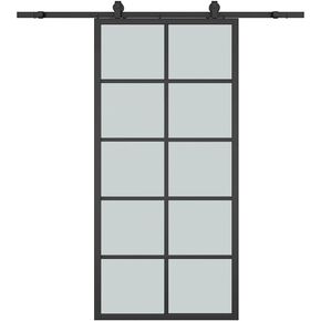 36 in. x 84 in. 10 Lite Frosted Glass Black Aluminum Frame Interior Barn Door with Sliding Hardware Kit