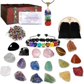 29PCS Healing Crystals Set, Crystals and Healing Stones,7Raw Chakra and 7Tumbled Stones, 7Bullet Shaped Chakra Stones, 2Crystal Necklace, Crystal Pyramid, Crystal Sets for Meditation, Yoga, Gift