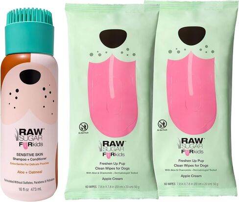 Raw Sugar 2-in-1 Dog Shampoo and Conditioner (Aloe & Oatmeal, 16 Fl Oz) & Dog Wipes, 2 Pack (60 Apple Cream Pet Wipes) Fur Kids Sensitive Coat Kit, Vegan & Cruelty-Free Puppy Essentials in Saudi Arabia
