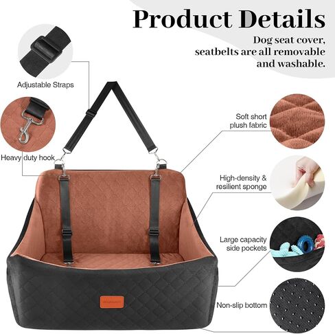 Wooaidagg Dog Car Seat for Medium & Large Dogs Up to 55lbs, Memory Foam Cushion, Washable Cover, Safety Straps & Non-Slip Bottom(Black,Large) in Saudi Arabia