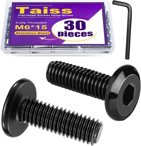 Taiss 30pcs M6 x 30mm Flat Head Socket Head Screw Furniture Bolts Stainless Steel 18-8(304),Black Zinc Plated Fully Threaded, Countersunk Connector Screws with Hex Spanner in Kuwait