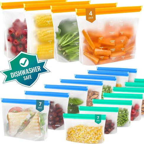 IDEATECH Dishwasher Safe Food Storage Bags Stand Up 18Pack, Reusable Gallon Freezer Bags, Leakproof Ziplock Bags Various Size, Reusable Silicone Bags for Meals,Lunch,Home Organization Travel(18Pack) in Saudi Arabia