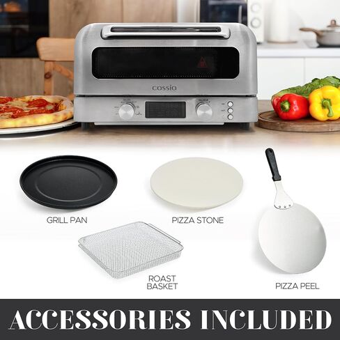 Cassia Countertop Electric Air Fryer Pizza Oven, 12" Capacity, 20L, 1800W, Heats up to 750°F, 16 Presets, Includes Pizza Stone, Peel, Fry Basket, Stainless Steel in Saudi Arabia