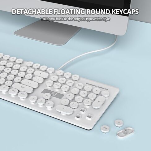Retro Typewriter White Keyboard Full Size, 104 Keys LED Backlit Wired Membrane Keyboard with Number Pad, Ultra Slim Quiet Home/Office Computer Keyboard for PC, Laptop, Desktop (White) in Saudi Arabia