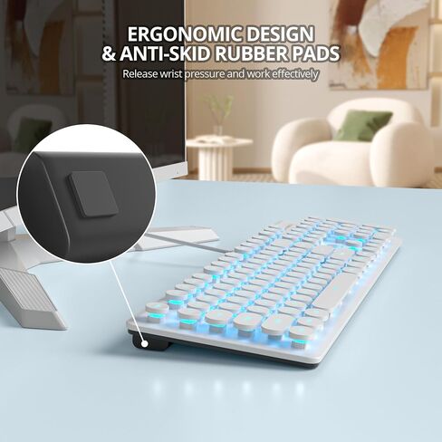 Retro Typewriter White Keyboard Full Size, 104 Keys LED Backlit Wired Membrane Keyboard with Number Pad, Ultra Slim Quiet Home/Office Computer Keyboard for PC, Laptop, Desktop (White) in Saudi Arabia