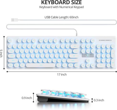Retro Typewriter White Keyboard Full Size, 104 Keys LED Backlit Wired Membrane Keyboard with Number Pad, Ultra Slim Quiet Home/Office Computer Keyboard for PC, Laptop, Desktop (White) in Saudi Arabia