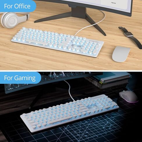 Retro Typewriter White Keyboard Full Size, 104 Keys LED Backlit Wired Membrane Keyboard with Number Pad, Ultra Slim Quiet Home/Office Computer Keyboard for PC, Laptop, Desktop (White) in Saudi Arabia