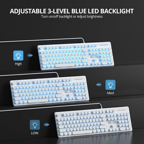Retro Typewriter White Keyboard Full Size, 104 Keys LED Backlit Wired Membrane Keyboard with Number Pad, Ultra Slim Quiet Home/Office Computer Keyboard for PC, Laptop, Desktop (White) in Saudi Arabia
