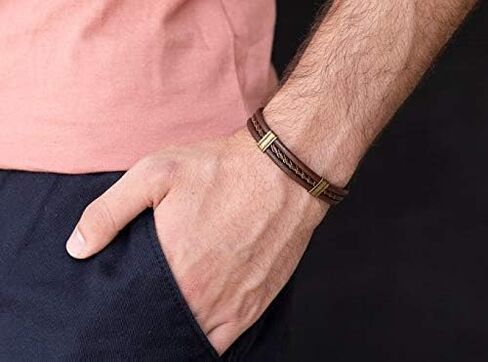 Men's Brown Bracelet, Braided Leather and Brass Bracelet, Handmade Boho Tribal Jewelry for Guys by Magoo in Saudi Arabia