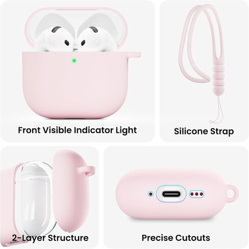 ORNARTO متوافق مع حافظة AirPods 4 2024، سيليكون ناعم واقٍ بالكامل لحافظة AirPods الجيل الرابع، غطاء جلدي مرئي بإضاءة LED أمامية - وردي طباشيري in Saudi Arabia