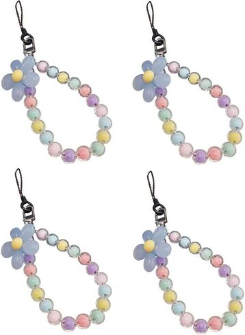 4PCS Mobile Phone Strap Beaded Flower Bracelet Creative Hanging Rope Keychain Mobile Phone Lanyard Beaded Flower Anti-Lost Phone Case Lanyard Girl Women's Wrist Strap, Cell Phone Charms Accessories in Saudi Arabia