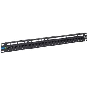 ICC CAT5e Feed-Through Patch Panel with 24 Ports, 1U Horizontal Rackmount, No Punch Down, RJ-45 to RJ-45 Connections, TIA-Rated, PoE++ and TAA Compliant, Black