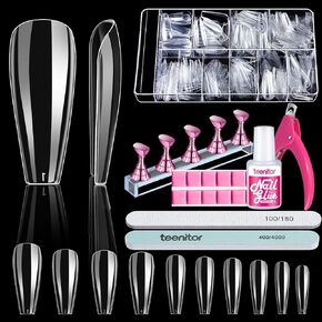 Clear Coffin Nail Tips, Teenitor Long Coffin Nails Tips Full Cover, 600pcs Clear Nail Tips For Acrylic Nails Clear Press On Nails, Acrylic Nail Clipper, Nail Stand for DIY Fake Nails