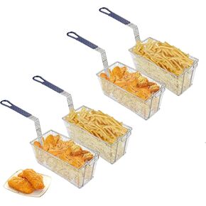 4Pcs Commercial Deep Fryer Basket Replacement With Fryer Clean Brush Set, 13" x 6" x 6" Industrial Non-Slip Handle Heavy Duty Nickel Plated Iron Construction Chip Basket Only, Restaurant Frying Chips