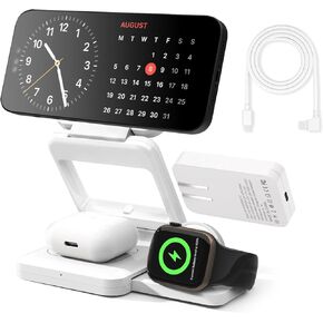 Integrated Plug 3 in 1 Wireless Charging Station Stand for iPhone 16/15/14/13/12 Series,Magnetic Foldable Travel Fast Charging Compatible with AirPods 3/2/Pro,Magnetic Charging for iWatch Series