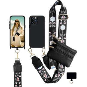 for iPhone 15 Pro Max Crossbody Case with Zippered Pouch, Clip and Go Strap for Phone with Wallet Crossbody iPhone Case Neck Lanyard Wristlet Adjustable Black