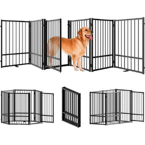 Full Matel Freestanding Dog Gate with Door, 32''Height Foldable Pet Dog Fence for Indoor & Outdoor, 4 Panels Extra Wide Free Standing Tall Dog Gates for Doorways,House,Stairs,Porch,Deck,Yard