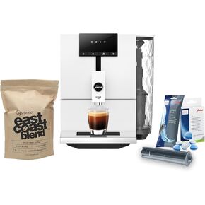 Jura ENA 4 Automatic Espresso Machine (Nordic White) with CLEARYL Smart+ Water Filtration, 6 Cleaning Tablets and East Coast Blend Whole Bean Coffee (4 Items)